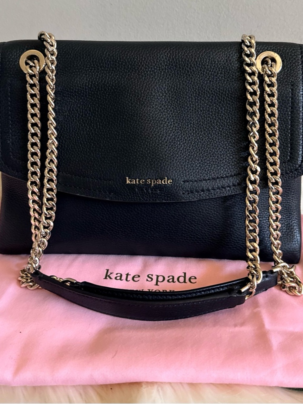 kate spade Black Pebbled Leather Shoulder Bag with Chain Strap